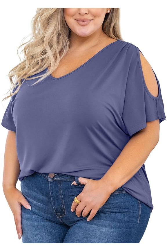 Plus Size Tops for Women Cold Shoulder Clothes Gray Blue 2X Blouse Short Sleeve Clothing V Neck Tunic Summer Shirts