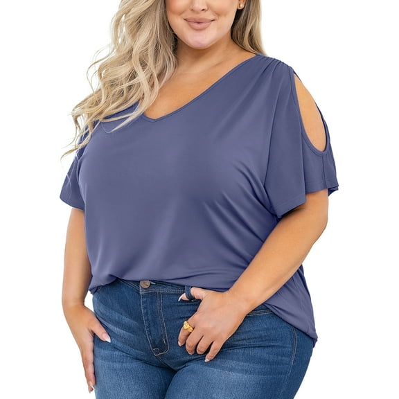 SHOWMALL Plus Size Tops for Women Cold Shoulder Clothes Gray Blue 5X Blouse Short Sleeve Clothing V Neck Tunic Summer Shirts