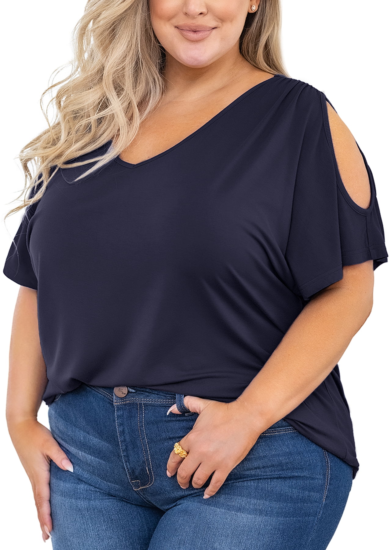 SHOWMALL Plus Size Tops for Women Cold Shoulder Clothes Navy Blue 1X Blouse Short Sleeve Clothing V Neck Tunic Summer Shirts