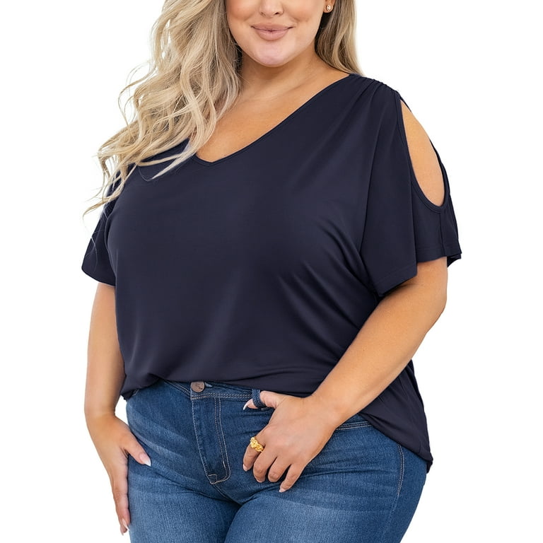 SHOWMALL Plus Size Tops for Women Cold Shoulder Clothes Navy Blue 2X Blouse  Short Sleeve Clothing V Neck Tunic Summer Shirts
