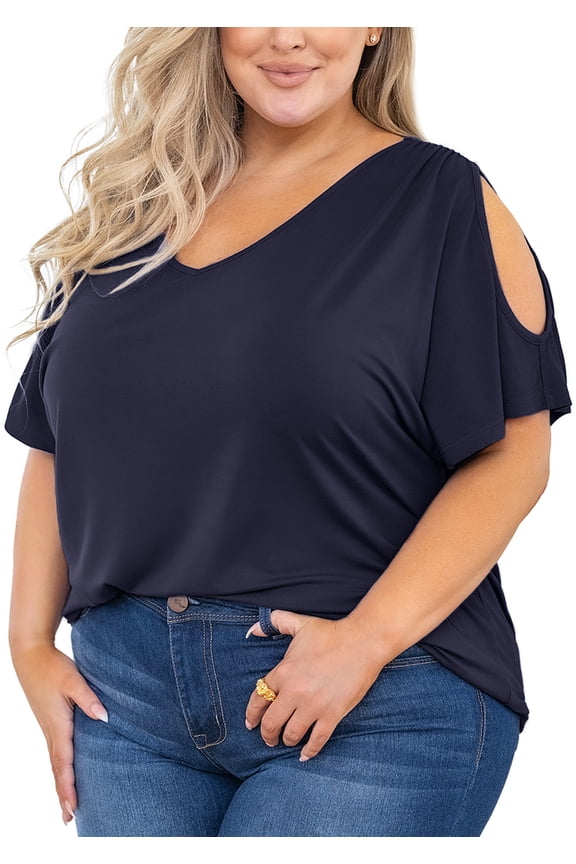 Plus Size Tops for Women Cold Shoulder Clothes Navy Blue 3X Blouse Short Sleeve Clothing V Neck Tunic Summer Shirts