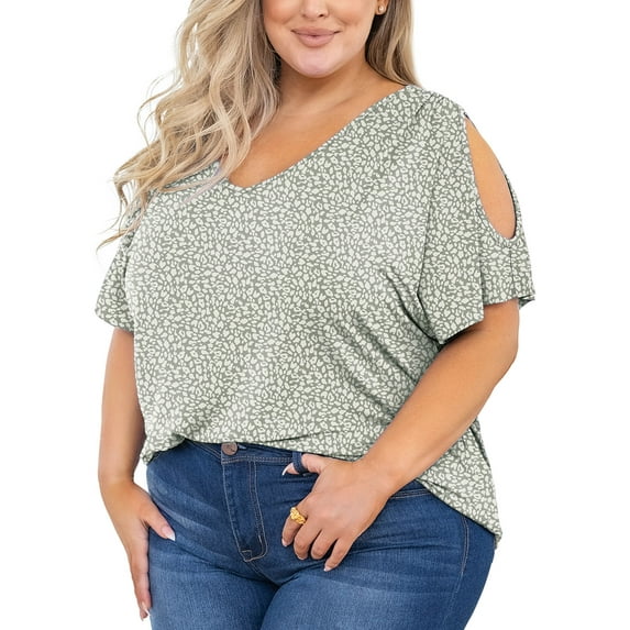 SHOWMALL Plus Size Tops for Women Cold Shoulder Clothes Spots 5X Floral Blouse Short Sleeve Clothing V Neck Tunic Summer Shirts