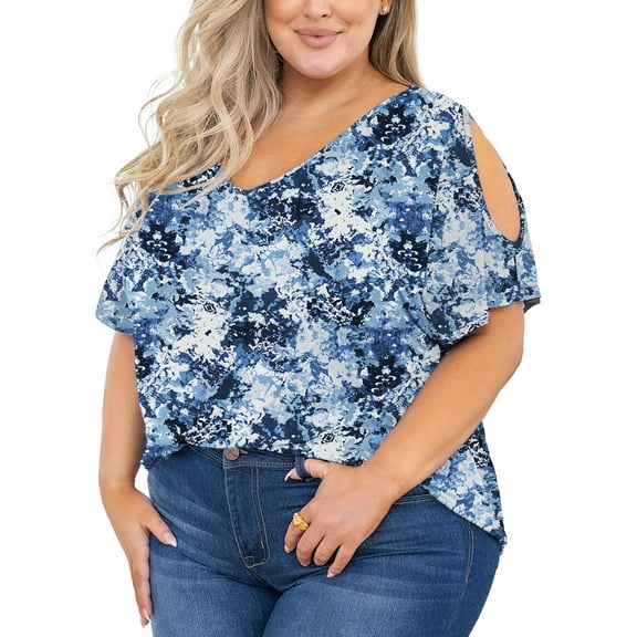 SHOWMALL Plus Size Tops for Women Cold Shoulder Clothes Tie-Dyeing Blue 5X Blouse Short Sleeve Clothing V Neck Tunic Summer Shirts