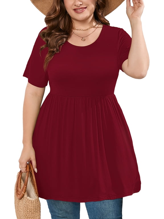 Women's Plus Size Tunic Tops to Wear with Leggings - Flowy Babydoll Shirts Blouses for Women Work & Casual Burgundy 3X
