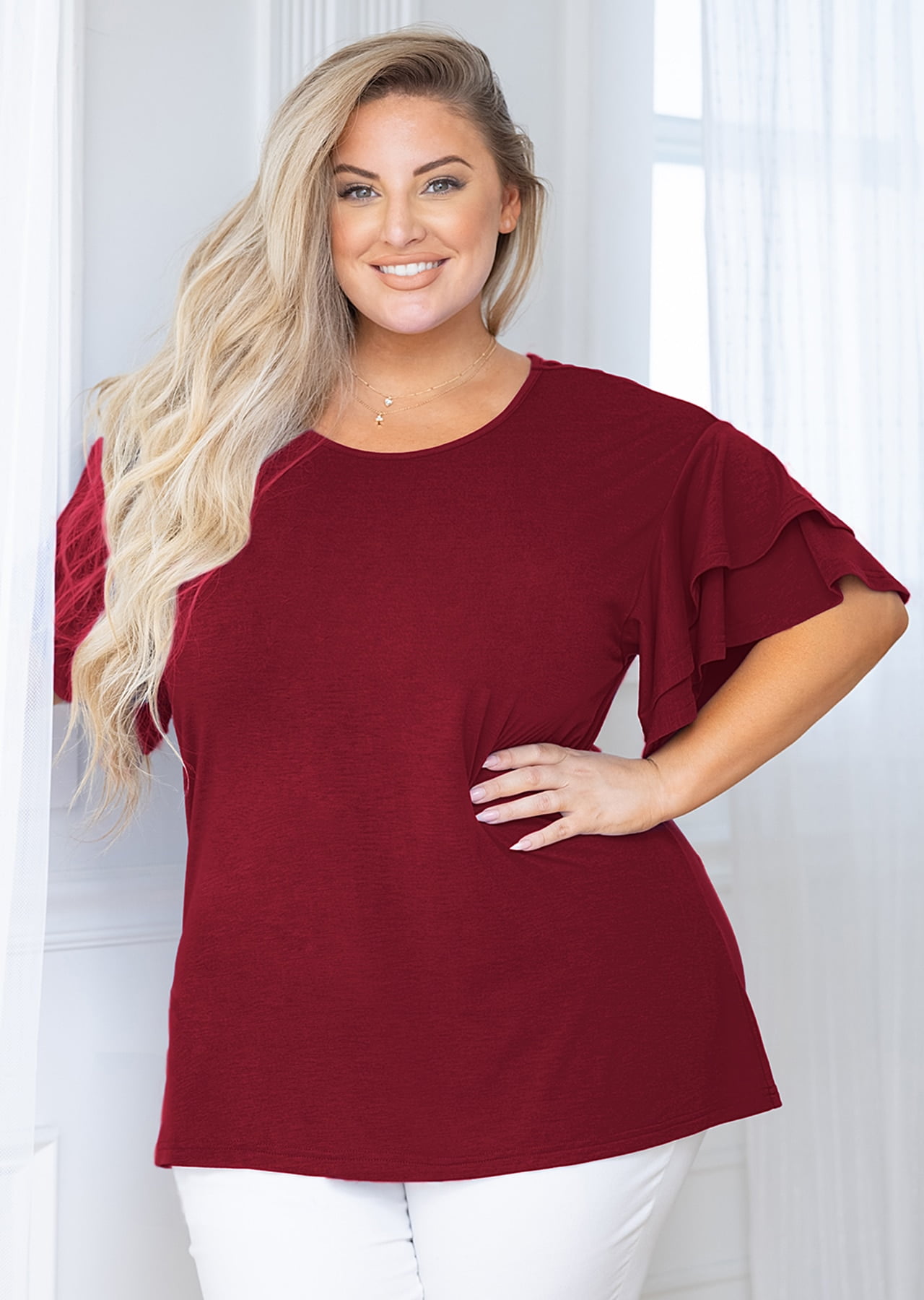 SHOWMALL Plus Size Tops for Women Short Sleeve Burgundy 3X