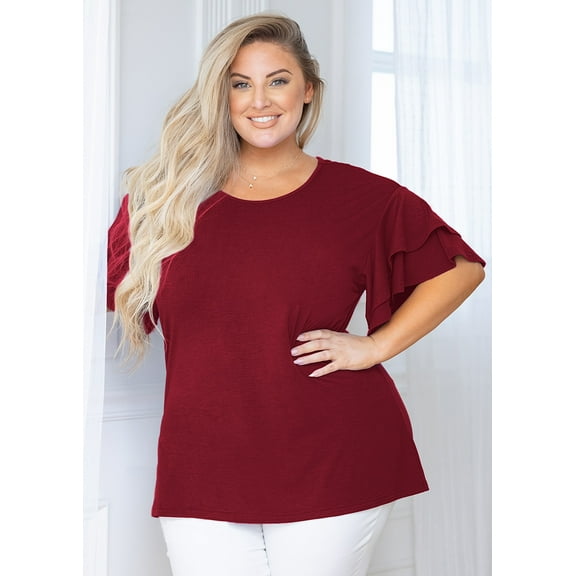 SHOWMALL Plus Size Tops for Women Short Sleeve Burgundy 3X Tunic Shirt Summer Clothing Loose Fitting Clothes