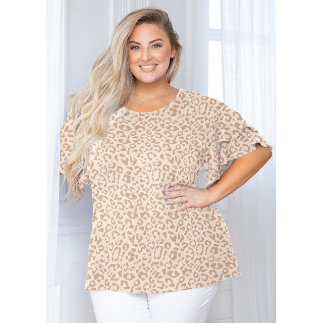SHOWMALL Plus Size 5X Short Sleeve Tunic Shirt, Pink Leopard Brown