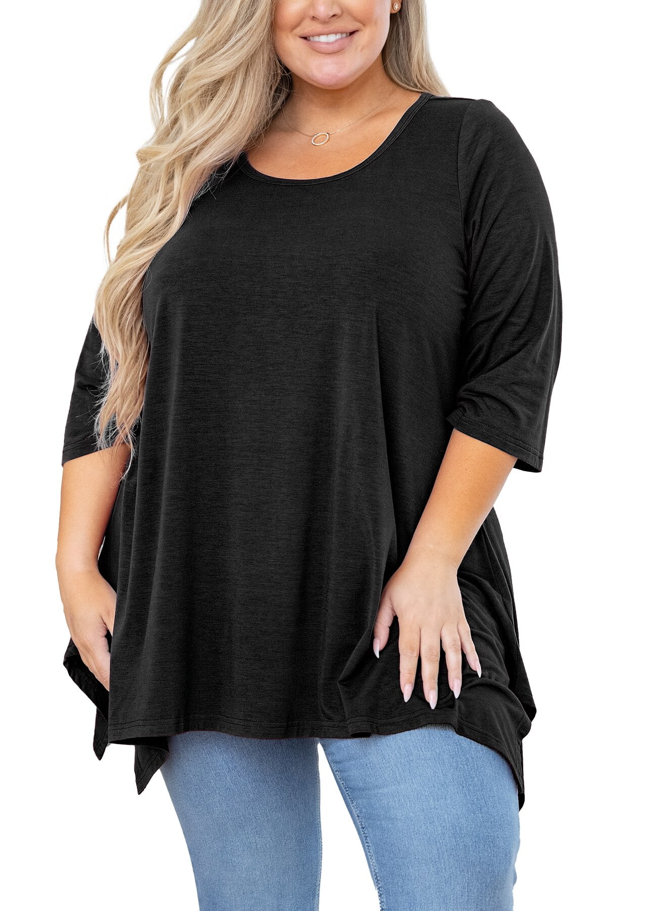 SHOWMALL Plus Size Tops for Women Tunic 3/4 Sleeve Clothes Black 3X Blouse  Swing Tunic Clothing Side Split Crewneck Flowy Shirt for Leggings 