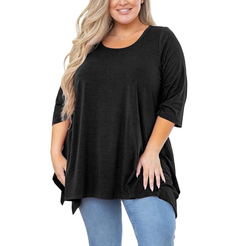 Plus Size Tops for Women Tunic 3/4 Sleeve Clothes Black 3X Blouse Swing Tunic Clothing Side Split Crewneck Flowy Shirt for Leggings