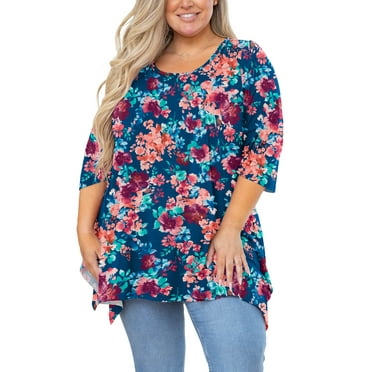 SHOWMALL Plus Size Tops for Women Tunic 3/4 Sleeve Clothes Colorful Roses 3X Blouse Swing Tunic Clothing Side Split Crewneck Flowy Shirt for Leggings
