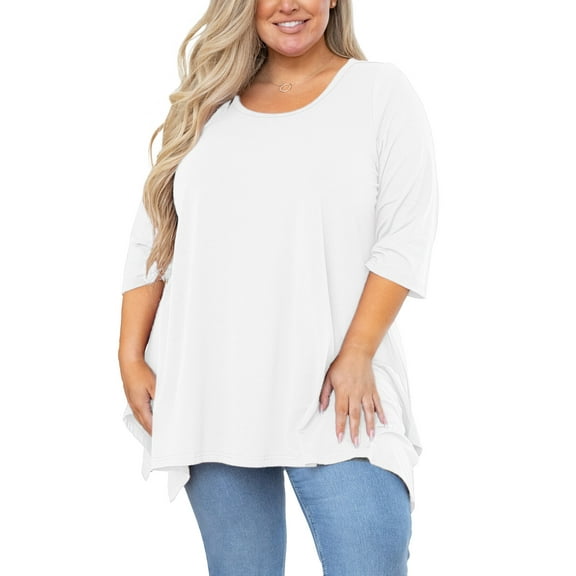 SHOWMALL Plus Size Tops for Women Tunic 3/4 Sleeve Clothes White 2X Blouse Swing Tunic Clothing Side Split Crewneck Flowy Shirt for Leggings