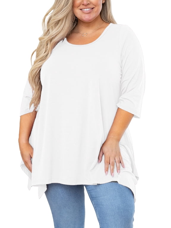 Plus Size Tops for Women Tunic 3/4 Sleeve Clothes White 3X Blouse Swing Tunic Clothing Side Split Crewneck Flowy Shirt for Leggings