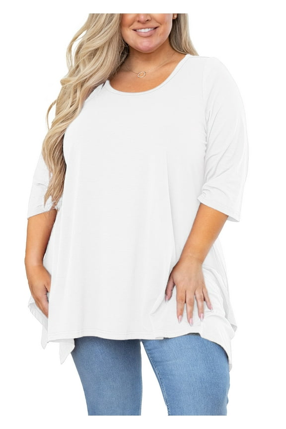 Plus Size Tops for Women Tunic 3/4 Sleeve Clothes White 3X Blouse Swing Tunic Clothing Side Split Crewneck Flowy Shirt for Leggings