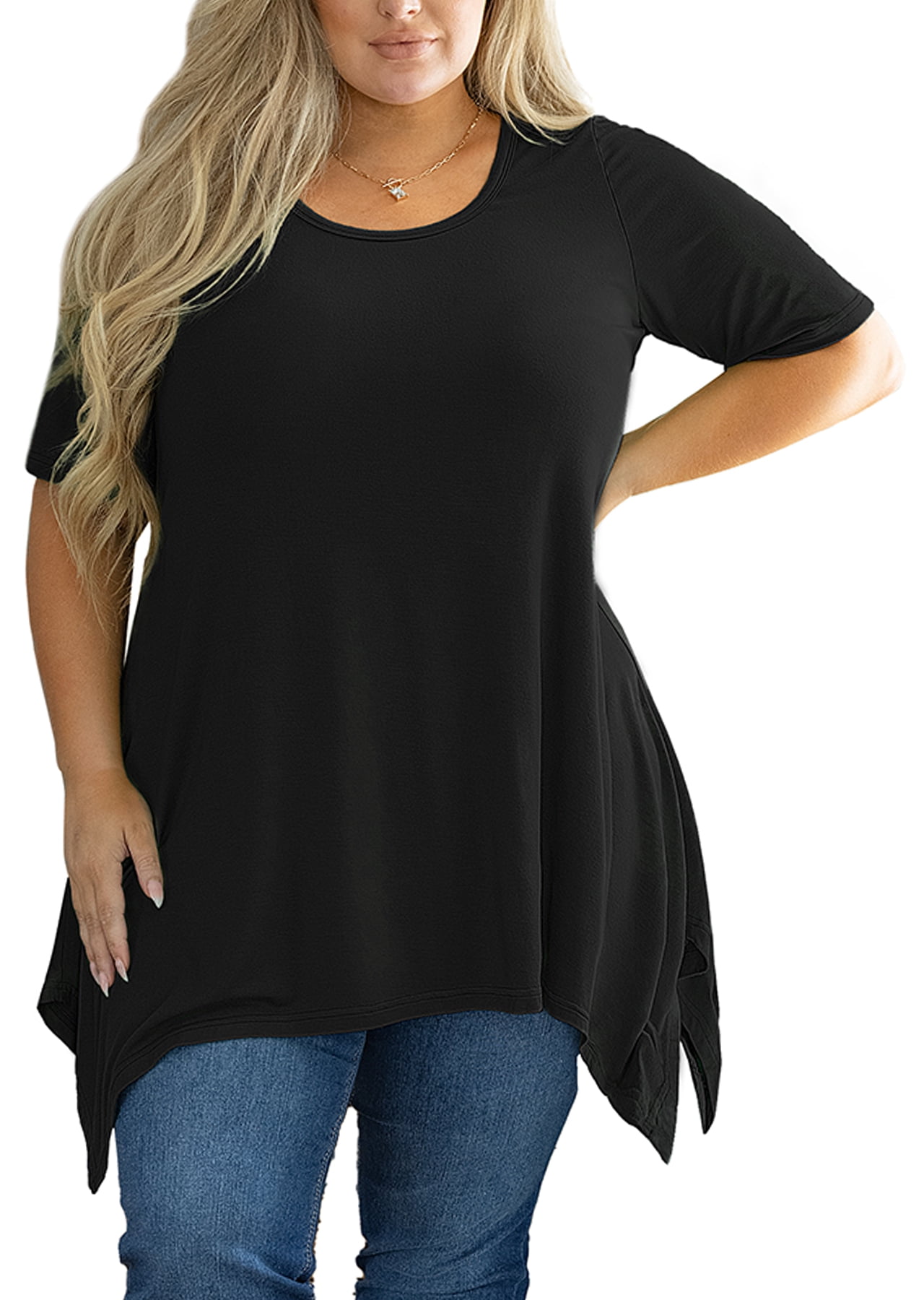 Pimelu Womens Tops Tops For Women Trendy Loose Fit Side Slit Irregular Swing Hem Shirts Summer Gradient Print Tee Girls Round Neck Short Sleeve Tunic Top Clea