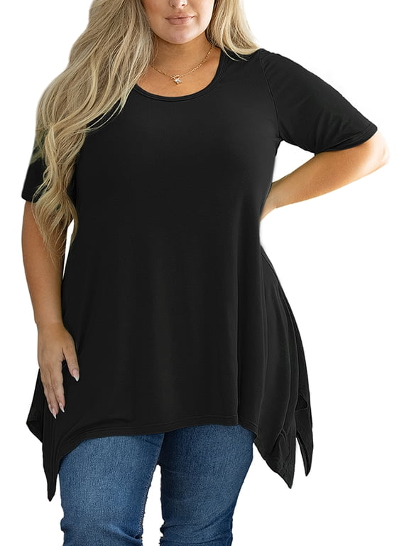 Plus Size Shirts for Women, Short Sleeve Flowy Long Tunic Top for Leggings, Asymmetrical Hem Business Casual Top, Black, 1X-5X