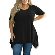 SHOWMALL Plus Size Tops for Women Tunic Clothes Short Sleeve Black Blouse 3X Summer Swing Tee Crewneck Clothing Flowy Shirt for Leggings