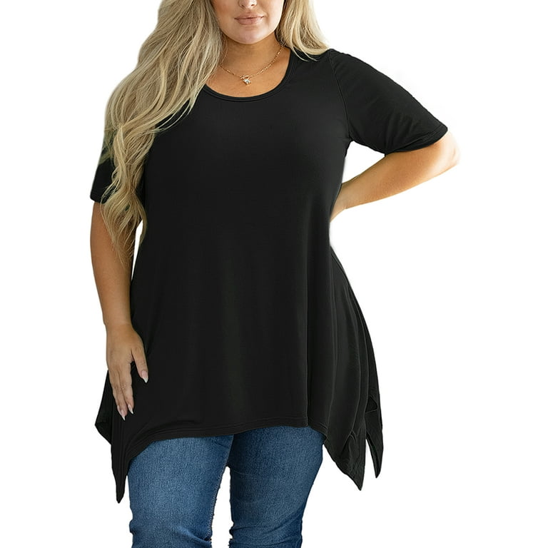 Showmall Plus Size Women Tops Tunic Short Sleeve Black Flowy Swing