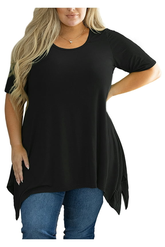 Plus Size Tops for Women Tunic Clothes Short Sleeve Black Blouse 5X Summer Swing Tee Crewneck Clothing Flowy Shirt for Leggings