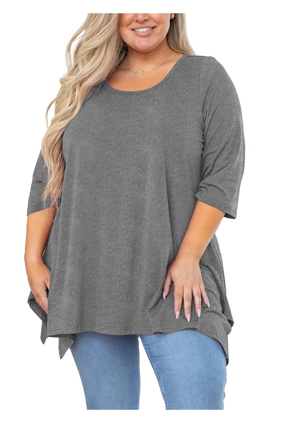 Plus Size Tunic Top for women 3/4 Sleeve Blouse Gray 5X Clothes Swing Top Crewneck Maternity Loose Fitting Clothing Shirt