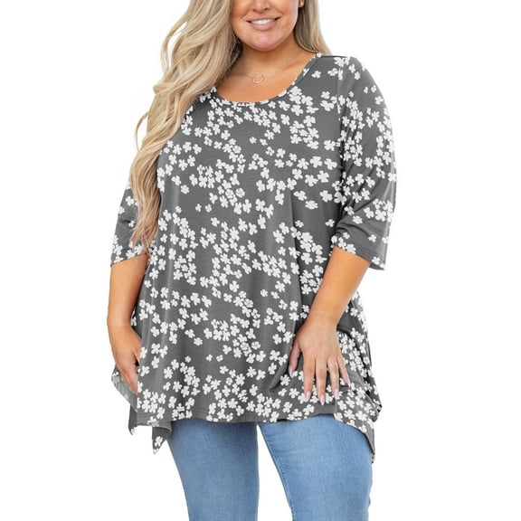 SHOWMALL Plus Size Tunic Top for women 3/4 Sleeve Blouse Grey Sakura 4X Clothes Swing Top Crewneck Maternity Loose Fitting Clothing Shirt