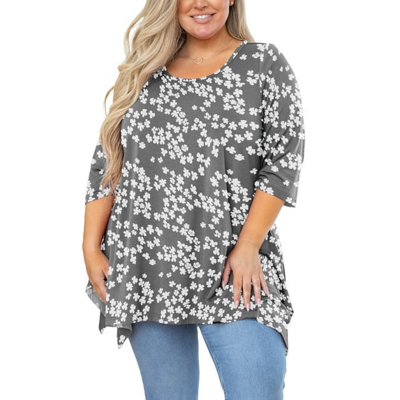 SHOWMALL Plus Size Tunic Top for women 3/4 Sleeve Blouse Grey Sakura 4X Clothes Swing Top Crewneck Maternity Loose Fitting Clothing Shirt