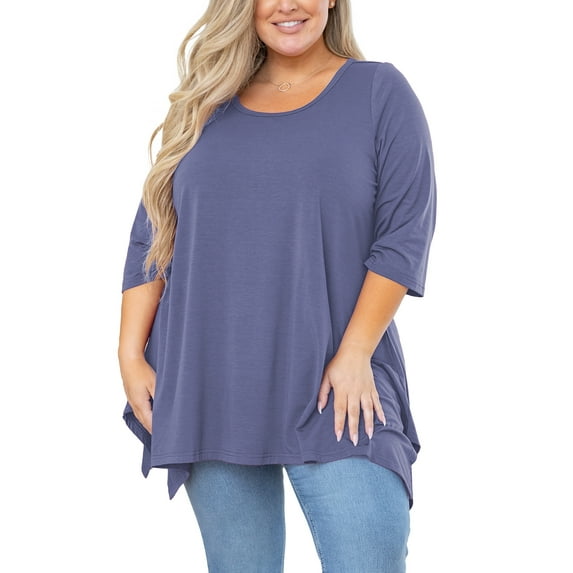 SHOWMALL Plus Size Tunic Top for women 3/4 Sleeve Blouse Purple Gray 5X Clothes Swing Top Crewneck Maternity Loose Fitting Clothing Shirt
