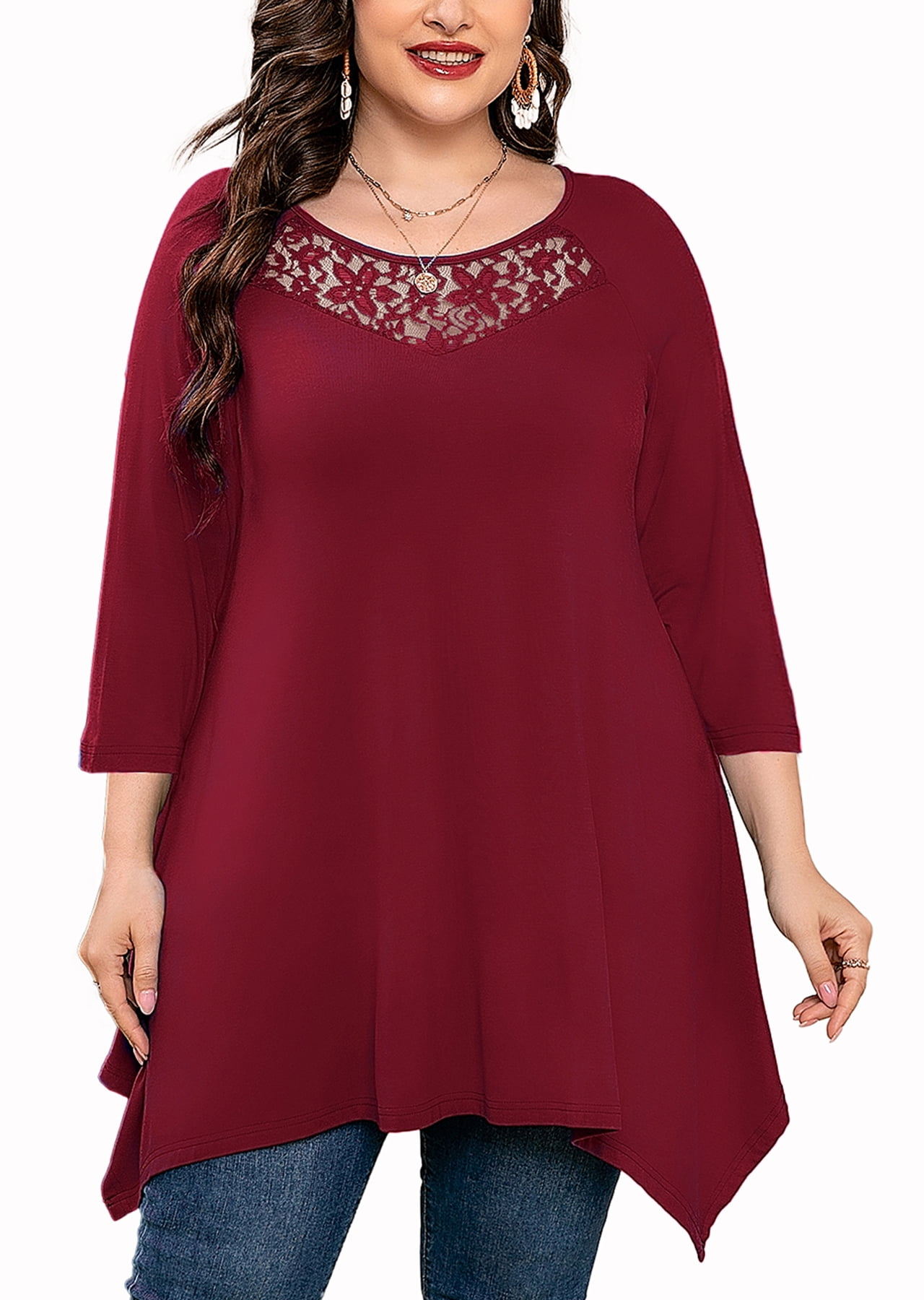 SHOWMALL Oversize Casual Tunic Top, 3/4 Sleeve, Wine Red, 4X, Lace