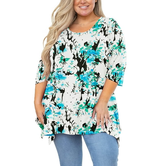 SHOWMALL Plus Size Tunic Top for women 3/4 Sleeve Blouse White Watercolor Botanical Splash 3X Clothes Swing Top Crewneck Maternity Loose Fitting Clothing Shirt