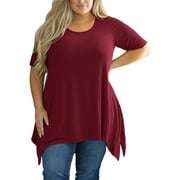 SHOWMALL Plus Size Tunic Tops for Women Clothes Short Sleeve Burgundy 3X Summer Blouse Swing Tee Crewneck Clothing Flowy Shirt for Leggings