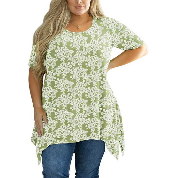 SHOWMALL Plus Size Tunic Tops for Women Clothes Short Sleeve Green Roses 1X Summer Blouse Swing Tee Crewneck Clothing Flowy Shirt for Leggings