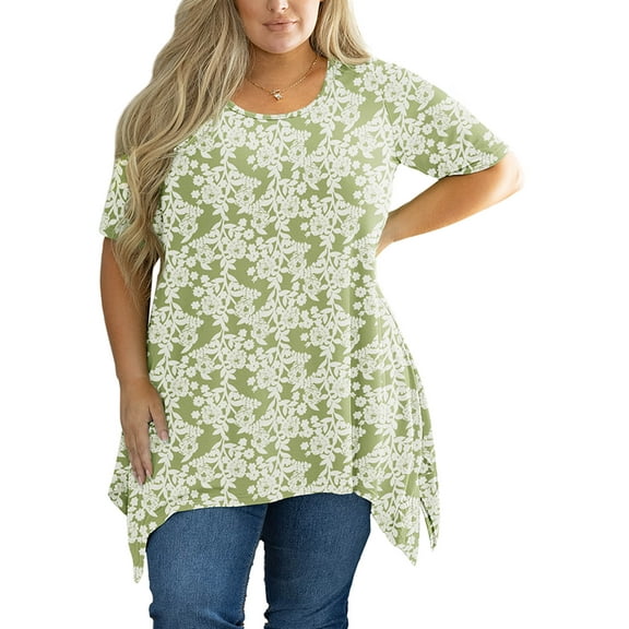 SHOWMALL Plus Size Tunic Tops for Women Clothes Short Sleeve Green Roses 5X Summer Blouse Swing Tee Crewneck Clothing Flowy Shirt for Leggings