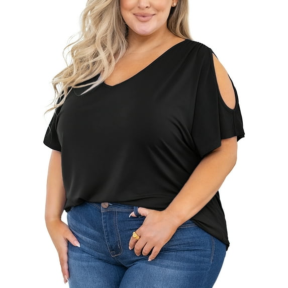SHOWMALL Plus Size Tunic for Women Cold Shoulder Top Black 3X Blouse Short Sleeve Clothing V Neck Shirts Summer Clothes