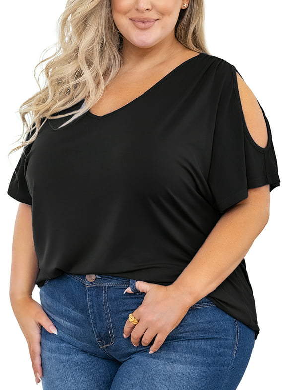 SHOWMALL Plus Size Tunic for Women Cold Shoulder Top Black 3X Blouse Short Sleeve Clothing V Neck Shirts Summer Clothes