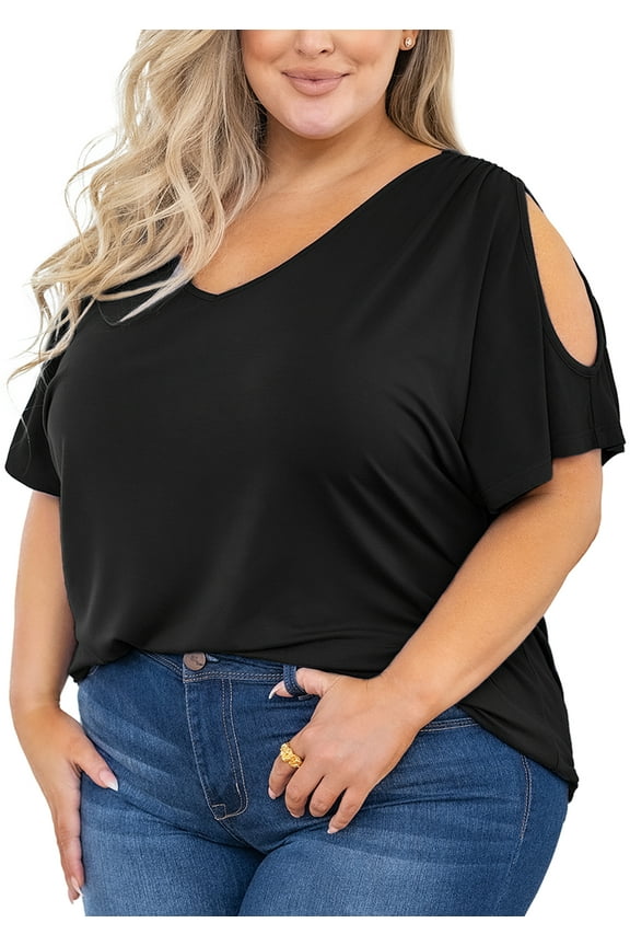 Plus Size Tunic for Women Cold Shoulder Top Black 3X Blouse Short Sleeve Clothing V Neck Shirts Summer Clothes