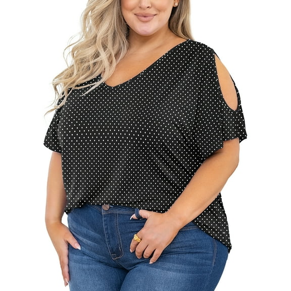 SHOWMALL Plus Size Tunic for Women Cold Shoulder Top Black Polka Dot 1X Blouse Short Sleeve Clothing V Neck Shirts Summer Clothes