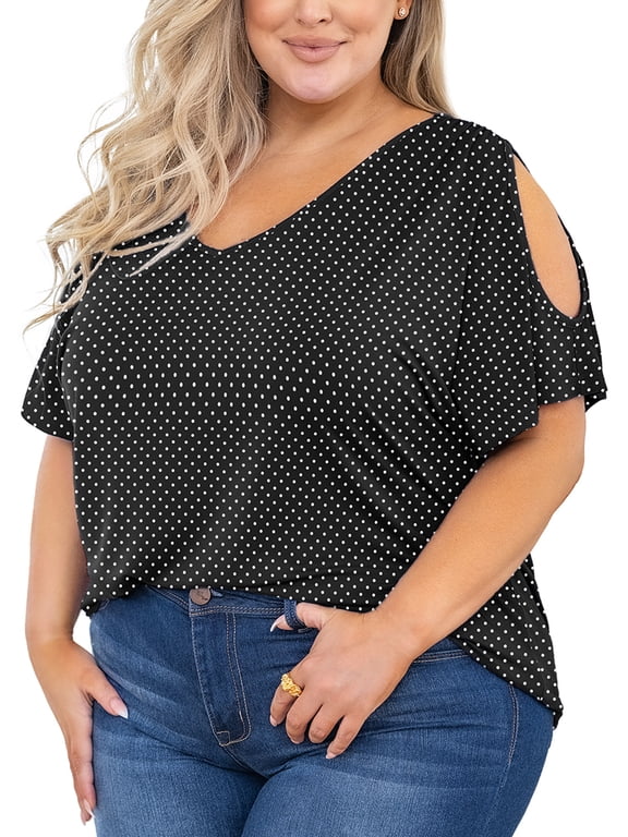 Plus Size Tunic for Women Cold Shoulder Top Black Polka Dot 1X-5X Blouse Short Sleeve Clothing V Neck Shirts Summer Clothes