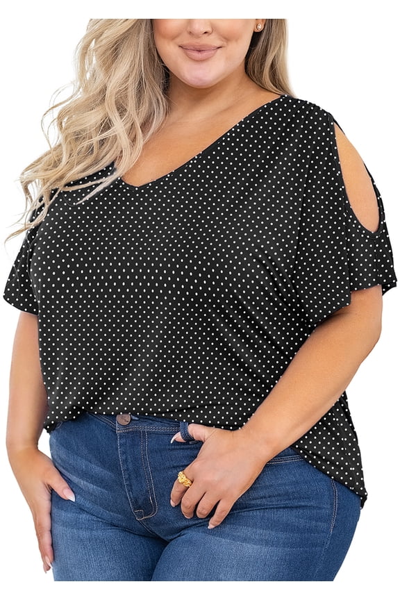 Plus Size Tunic for Women Cold Shoulder Top Black Polka Dot 3X Blouse Short Sleeve Clothing V Neck Shirts Summer Clothes