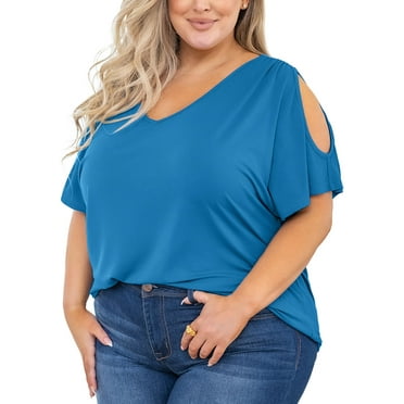 SHOWMALL Plus Size Tunic for Women Cold Shoulder Top Blue 3X Blouse Short Sleeve Clothing V Neck Shirts Summer Clothes