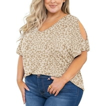 SHOWMALL Plus Size Tunic for Women Cold Shoulder Top Cream Leopard 3X Blouse Short Sleeve Clothing V Neck Shirts Summer Clothes