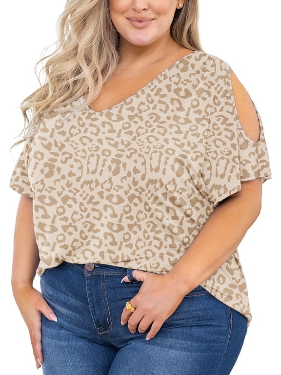 Plus Size Tunic for Women Cold Shoulder Top Cream Leopard 1X-5X Blouse Short Sleeve Clothing V Neck Shirts Summer Clothes
