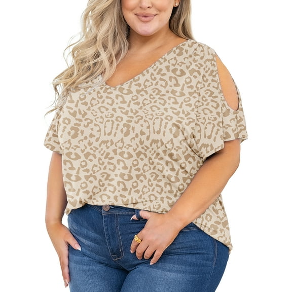 SHOWMALL Plus Size Tunic for Women Cold Shoulder Top Cream Leopard 5X Blouse Short Sleeve Clothing V Neck Shirts Summer Clothes