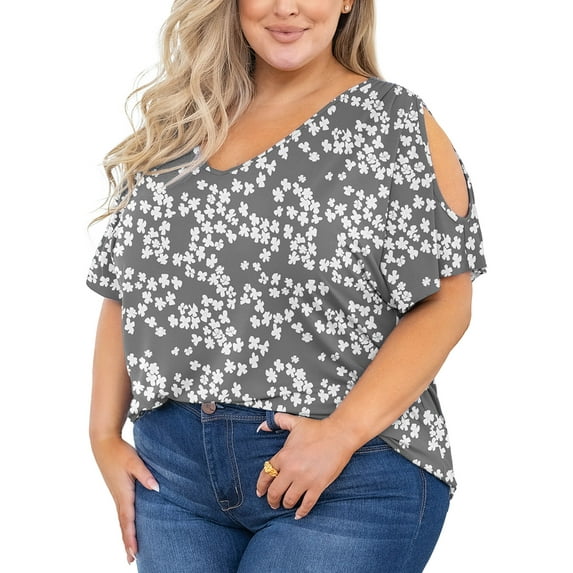 SHOWMALL Plus Size Tunic for Women Cold Shoulder Top Grey Sakura 2X Blouse Short Sleeve Clothing V Neck Shirts Summer Clothes