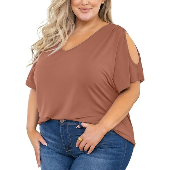 SHOWMALL Plus Size Tunic for Women Cold Shoulder Top Light coffee 2X Blouse Short Sleeve Clothing V Neck Shirts Summer Clothes