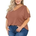 thumbnail image 1 of SHOWMALL Plus Size Tunic for Women Cold Shoulder Top Light coffee 5X Blouse Short Sleeve Clothing V Neck Shirts Summer Clothes, 1 of 7