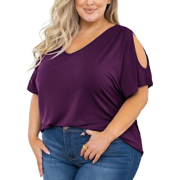 SHOWMALL Plus Size Tunic for Women Cold Shoulder Top Purple 1X Blouse Short Sleeve Clothing V Neck Shirts Summer Clothes