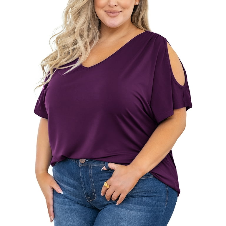 SHOWMALL Plus Size Tunic for Women Cold Shoulder Top Purple 1X Blouse Short  Sleeve Clothing V Neck Shirts Summer Clothes