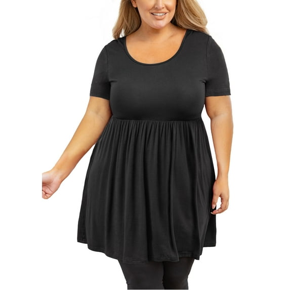 SHOWMALL Plus Size Tunic for Women Short Sleeve Scoop Neck Summer Top Black 2X Pleated Clothes Flowy Loose Maternity Babydoll T Shirt