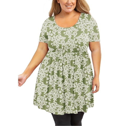 Plus Size Tunic for Women Short Sleeves Green Roses 3X Tops Scoop Neck Clothes Summer Flowy Maternity Clothing Shirt