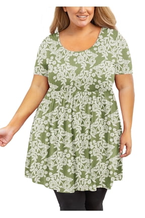 Plus Size Tunic for Women Short Sleeves Green Roses 3X Tops Scoop Neck Clothes Summer Flowy Maternity Clothing Shirt