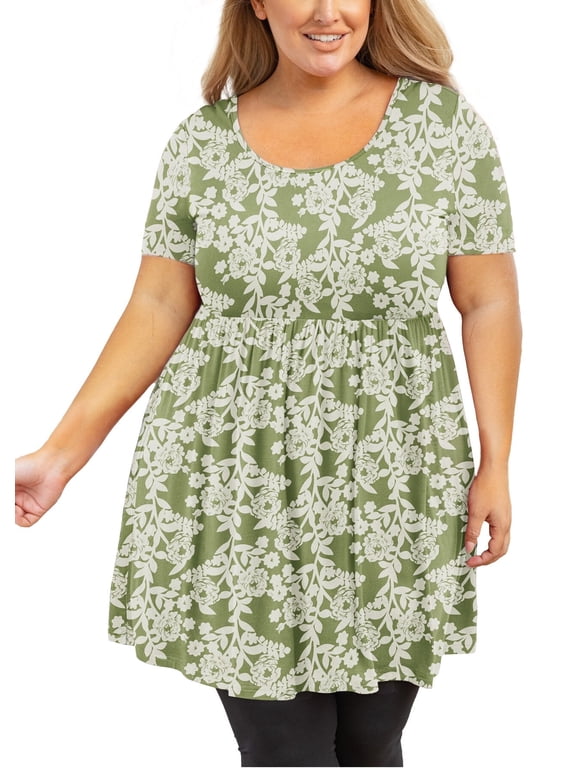 Plus Size Tunic for Women Short Sleeves Green Roses 3X Tops Scoop Neck Clothes Summer Flowy Maternity Clothing Shirt
